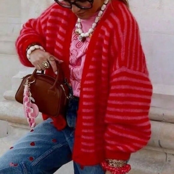 Red Casual Women's Striped Long Sleeve Cardigan - Picture 5 of 8